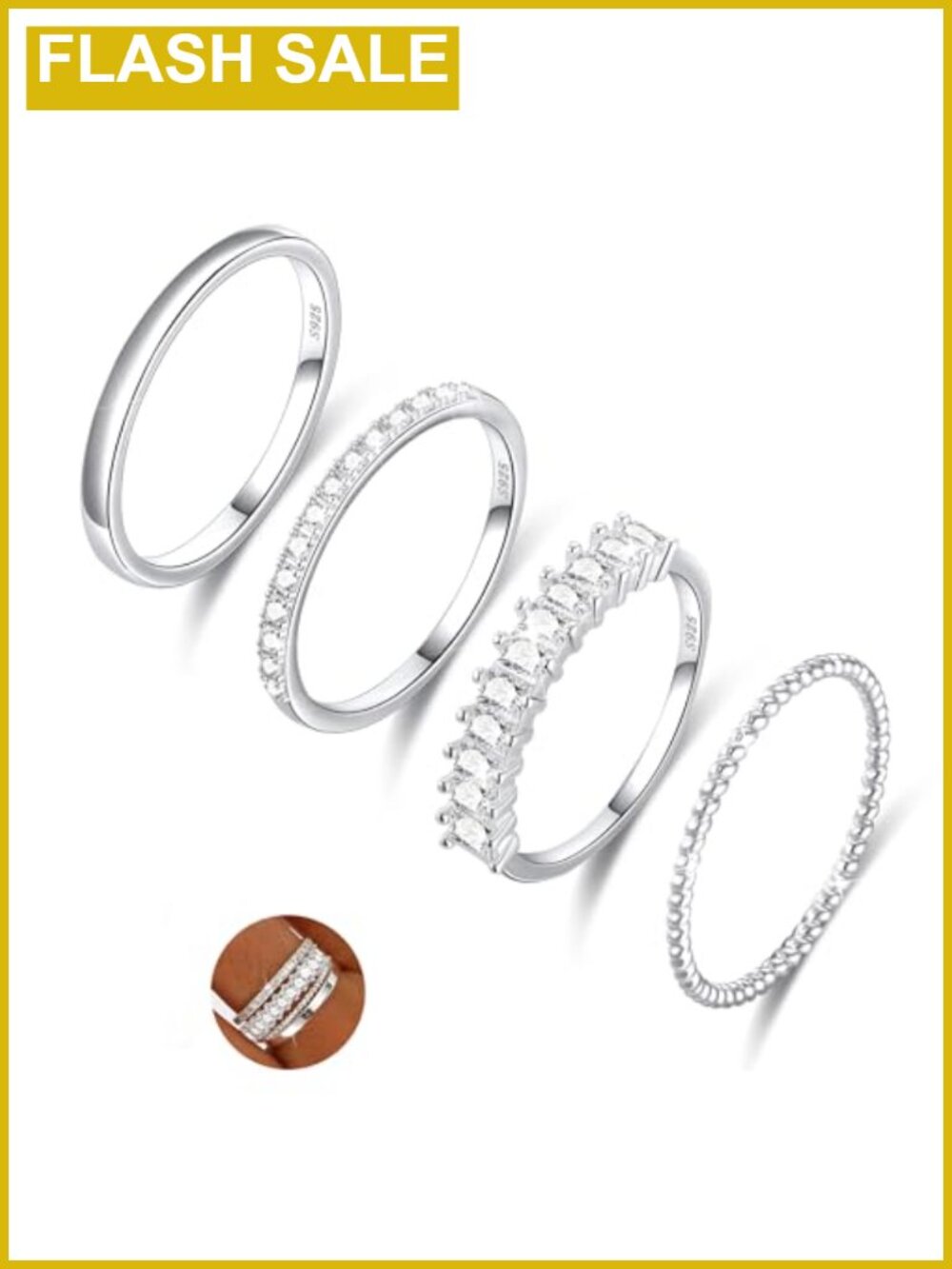 Sterling Silver Stackable Ring Set 4PCS Cubic Zirconia Thin Bands Wedding